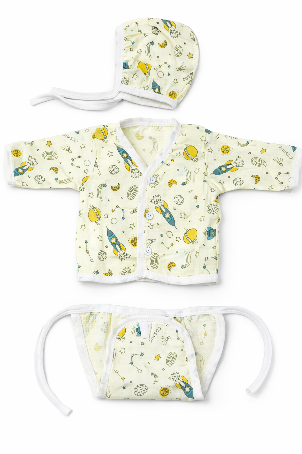Newborn Baby Muslin Cotton Full Sleeve Jhabla, Cap, and Nappy Set | Pack of 4