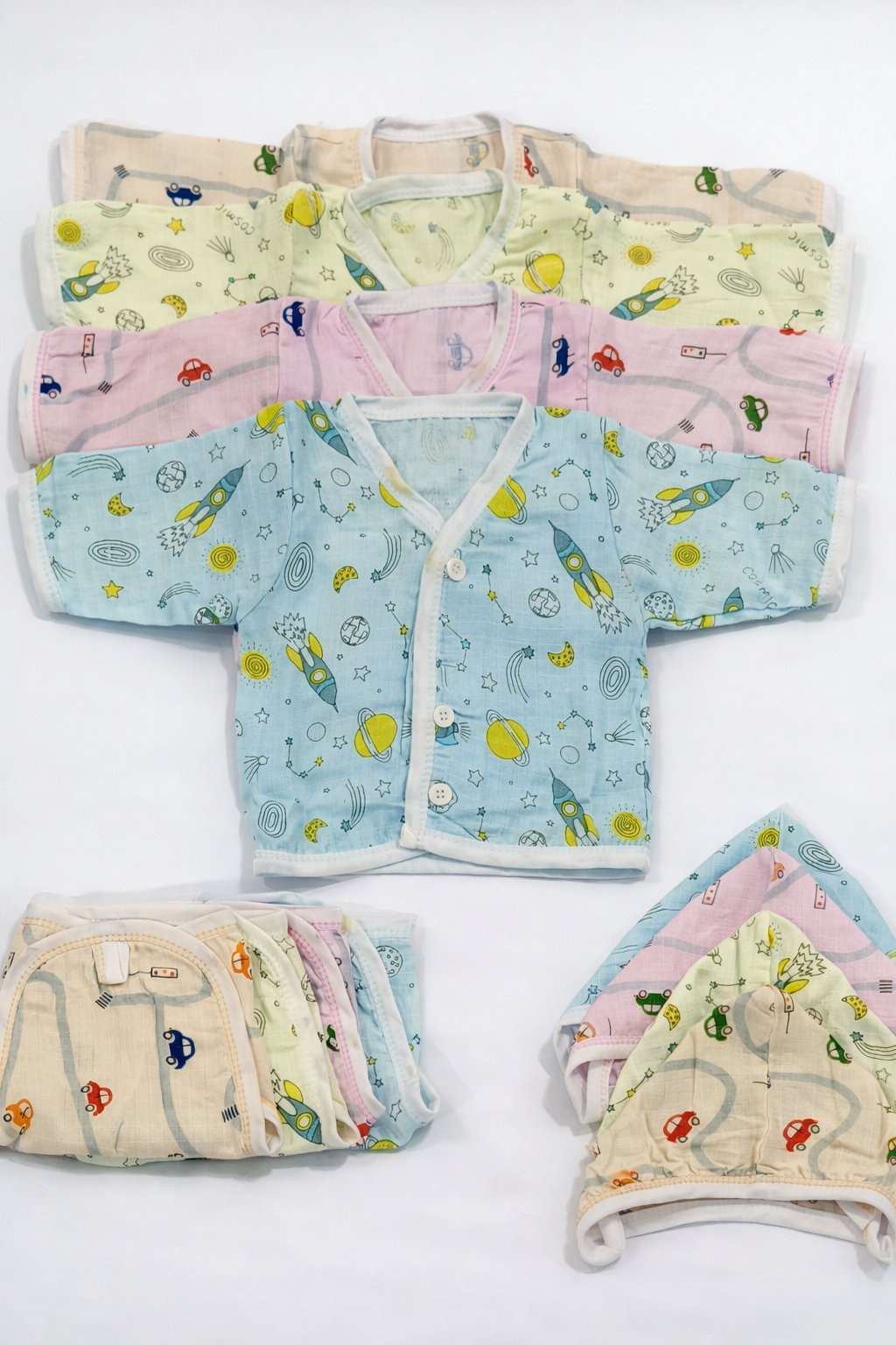Newborn Baby Muslin Cotton Full Sleeve Jhabla, Cap, and Nappy Set | Pack of 4 - Image 6