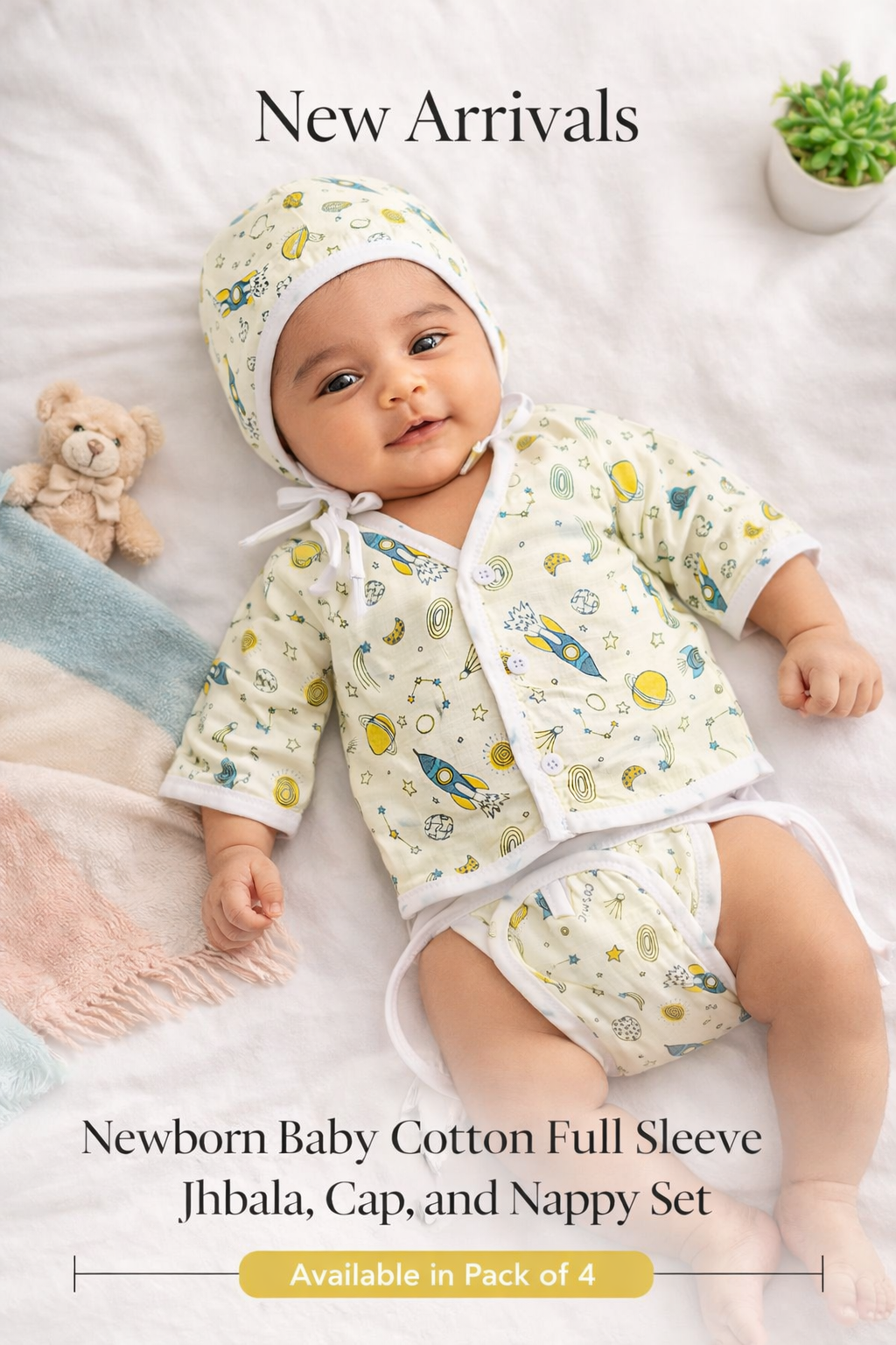 Newborn Baby Muslin Cotton Full Sleeve Jhabla, Cap, and Nappy Set | Pack of 4 - Image 2