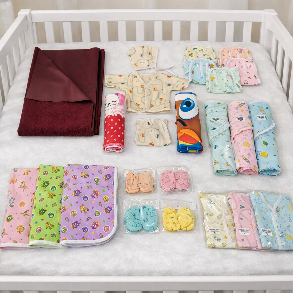 Combo 30 in 1 New Born Baby Hospital Essentials, Baby Bedding & Clothing Gift Set for Newborn Boy & Girl