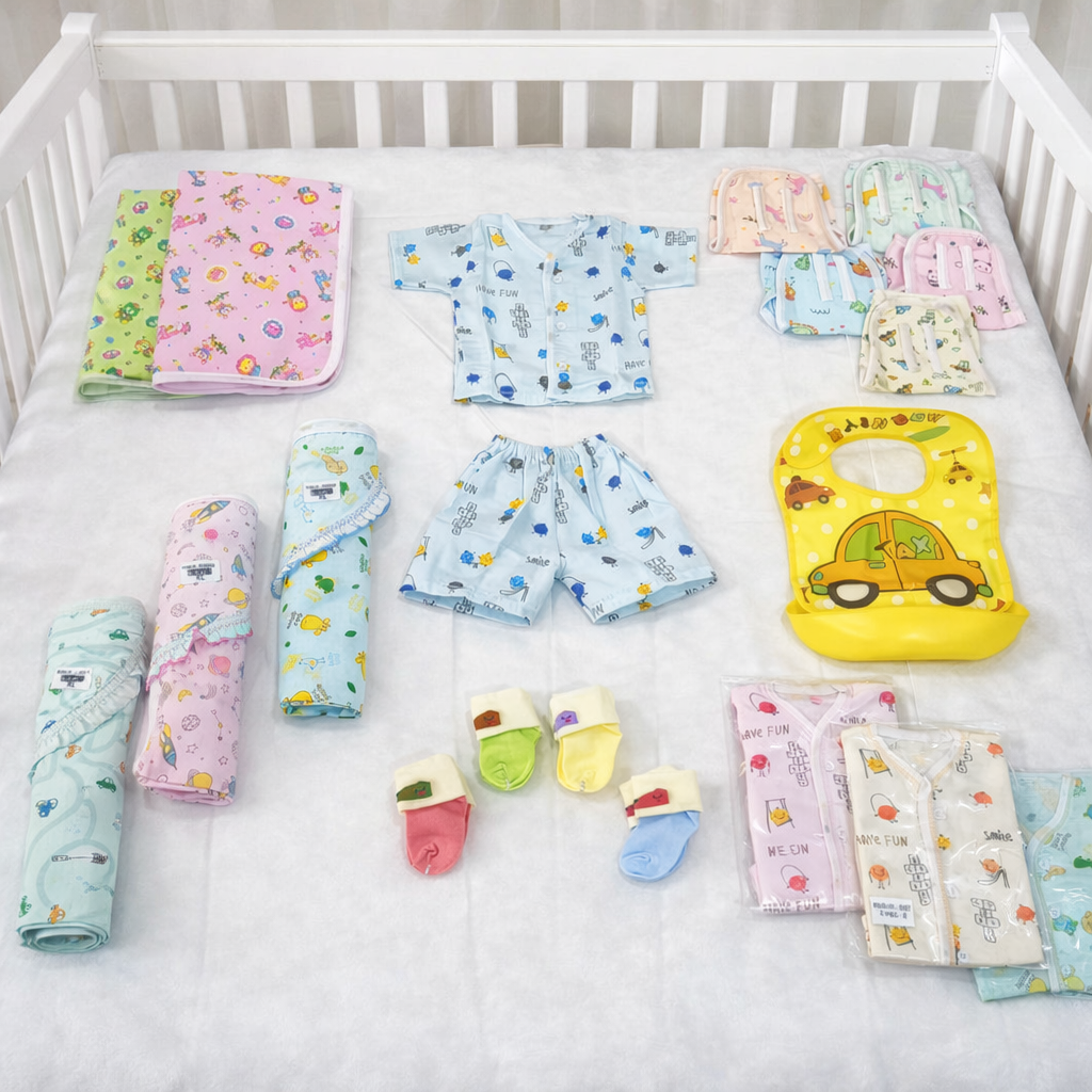Combo 21 in 1 New Born Baby Complete Daily Items in Cotton Muslin (3-9 Months)