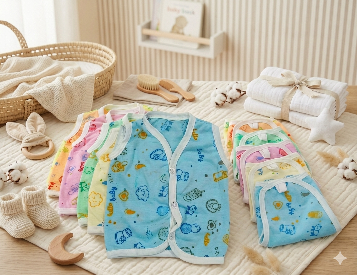 Newborn Baby Hosiery Front Open Jhabla with Nappy Set in Multi - Color | Pack of 6